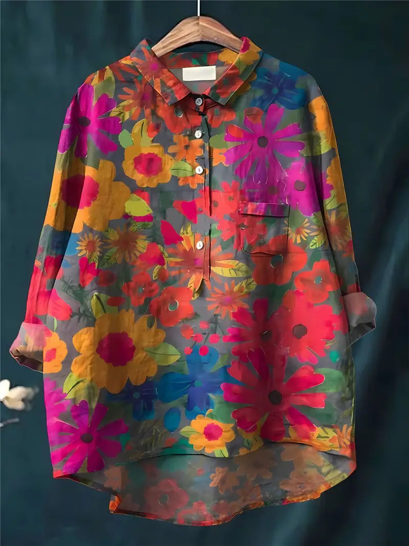 Vintage Floral Art Print Casual Shirt with Pocket