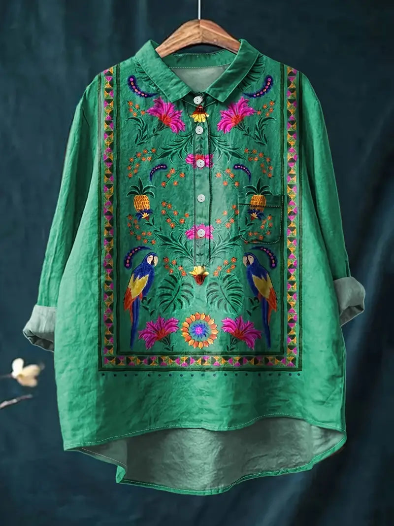 Vintage Floral Art Print Casual Shirt with Pocket
