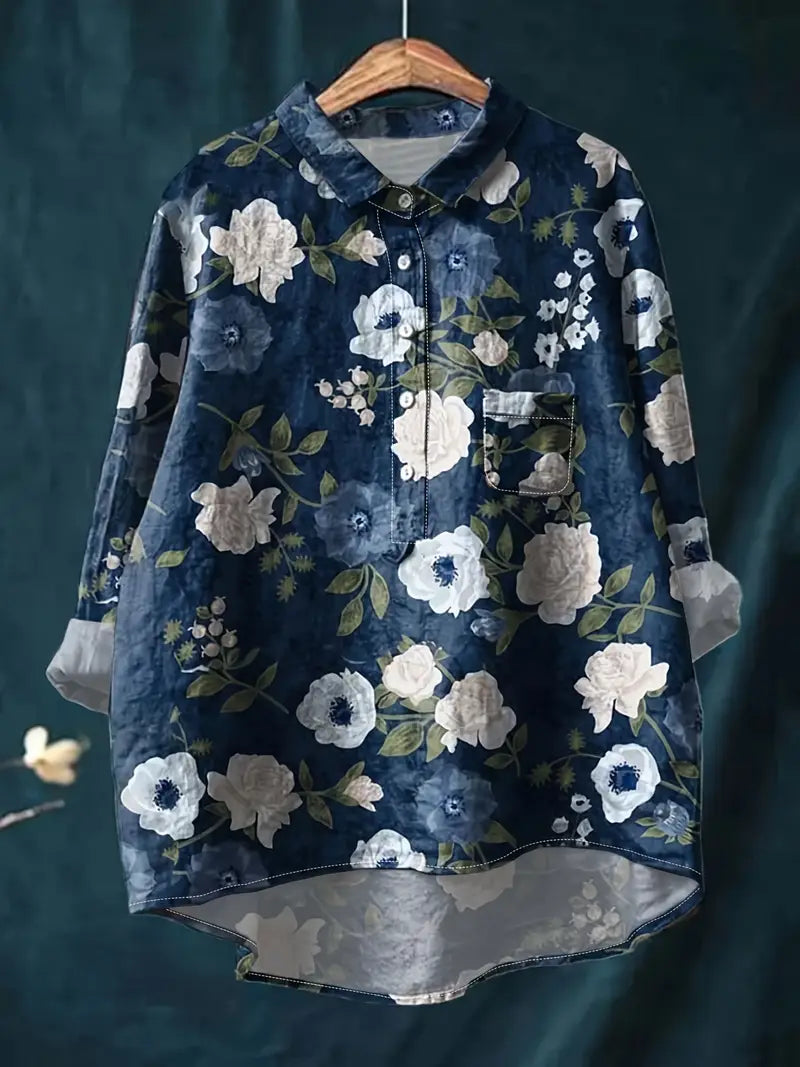 Vintage Floral Art Print Casual Shirt with Pocket