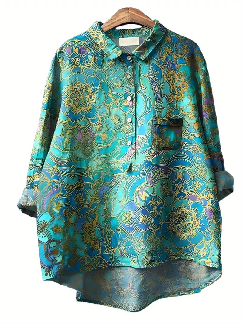 Vintage Floral Art Print Casual Shirt with Pocket