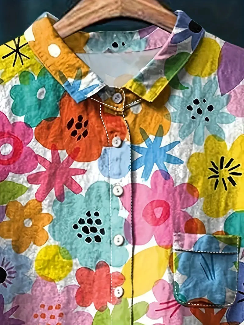 Vintage Floral Art Print Casual Shirt with Pocket