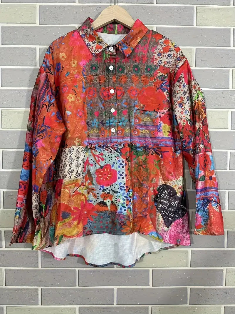 Vintage Floral Art Print Casual Shirt with Pocket