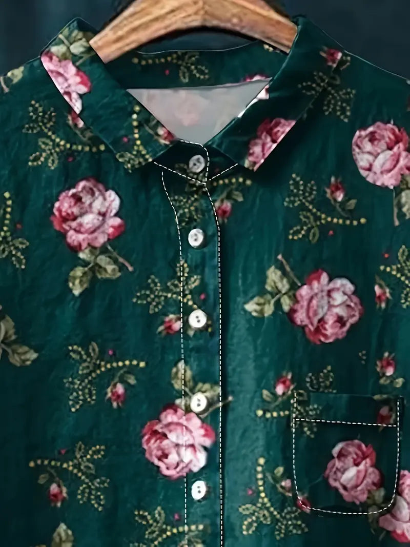 Vintage Floral Art Print Casual Shirt with Pocket