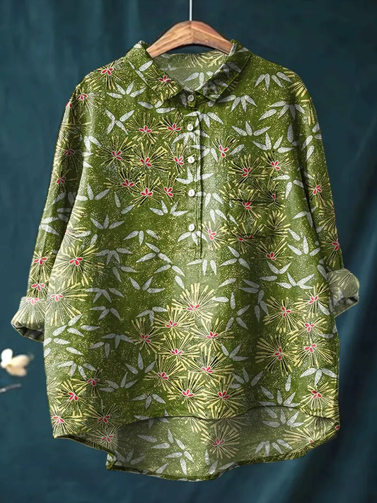 Vintage Floral Art Print Casual Shirt with Pocket