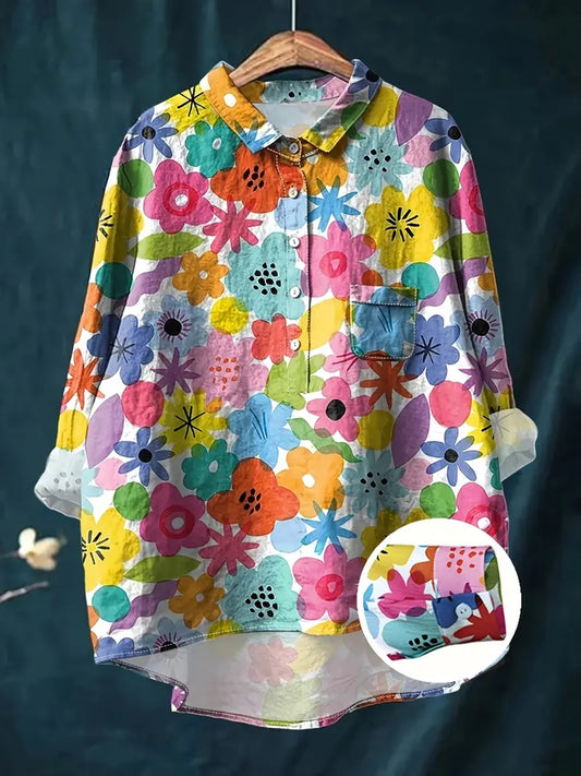 Vintage Floral Art Print Casual Shirt with Pocket