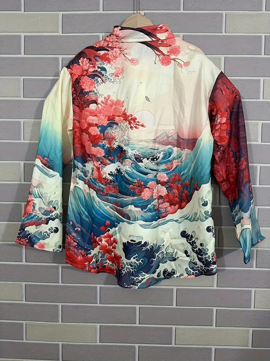 Vintage Floral Art Print Casual Shirt with Pocket