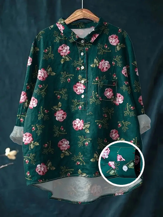 Vintage Floral Art Print Casual Shirt with Pocket