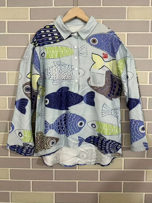 Vintage Floral Art Print Casual Shirt with Pocket