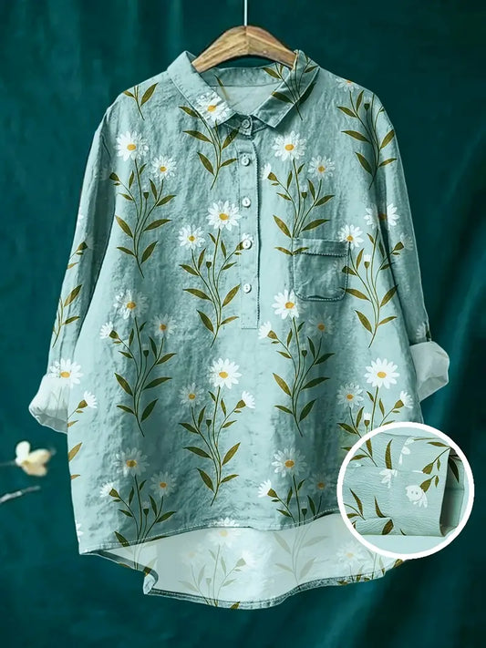 Vintage Floral Art Print Casual Shirt with Pocket