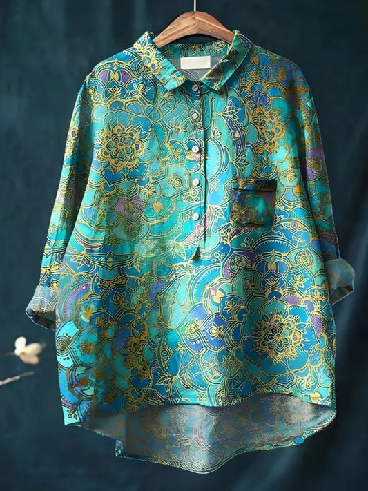 Vintage Floral Art Print Casual Shirt with Pocket
