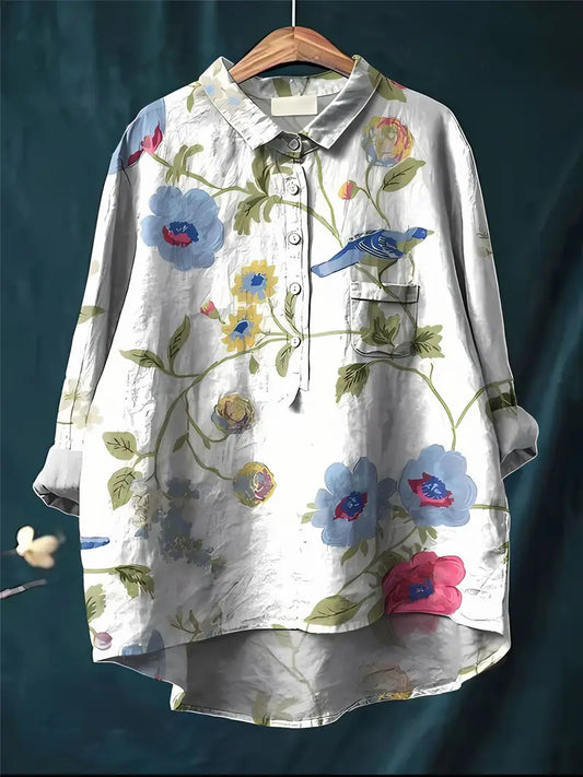 Vintage Floral Art Print Casual Shirt with Pocket