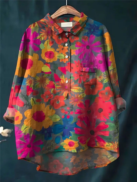 Vintage Floral Art Print Casual Shirt with Pocket