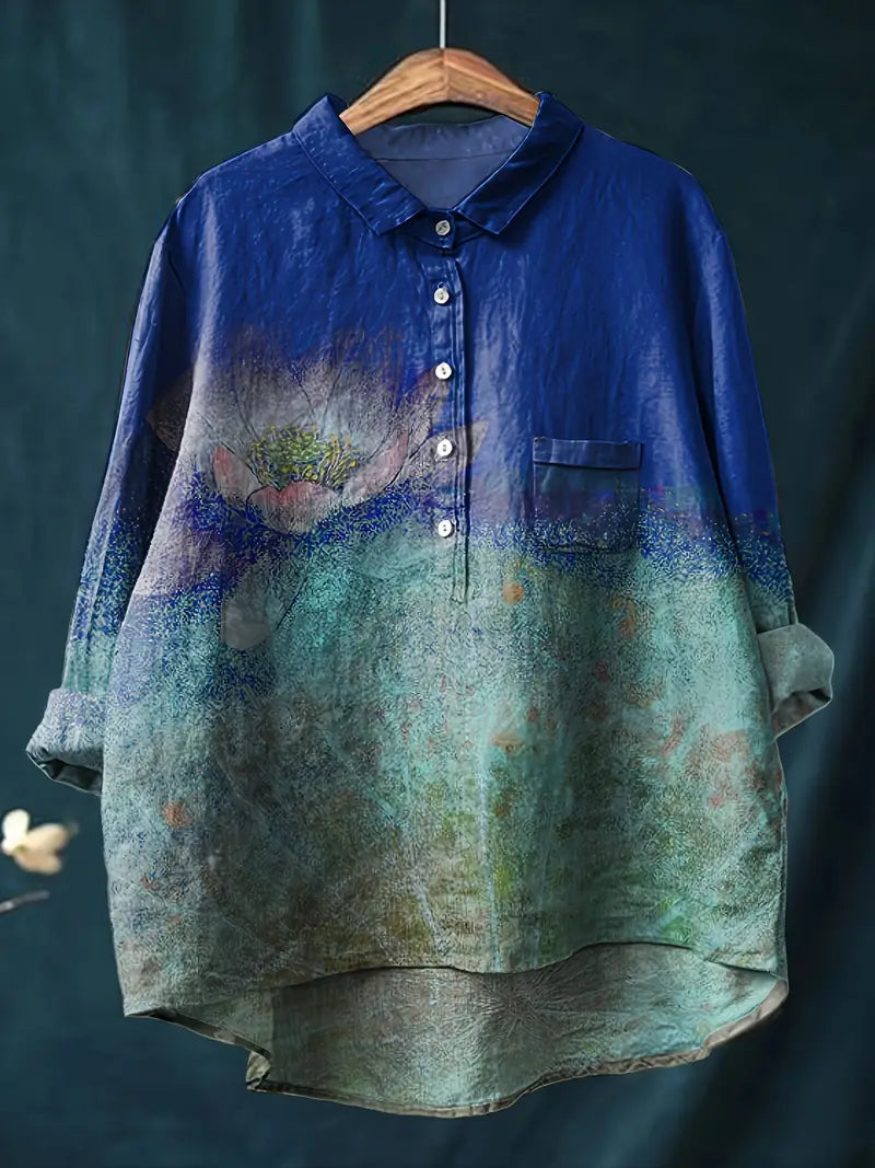 Vintage Floral Art Print Casual Shirt with Pocket