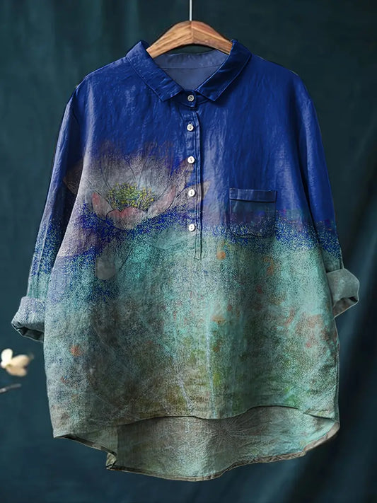 Vintage Floral Art Print Casual Shirt with Pocket