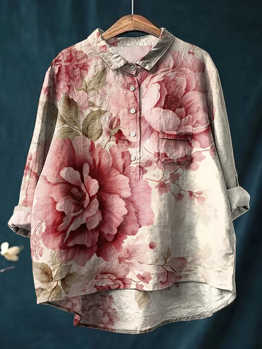 Vintage Floral Art Print Casual Shirt with Pocket