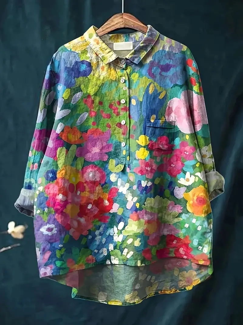 Vintage Floral Art Print Casual Shirt with Pocket