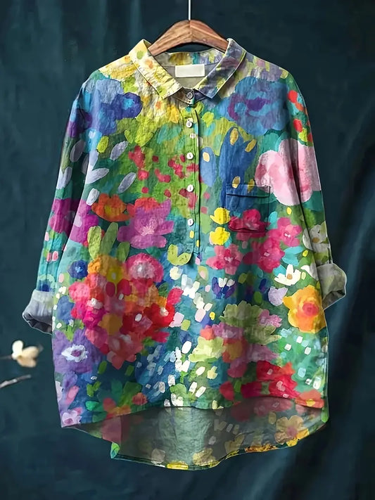 Vintage Floral Art Print Casual Shirt with Pocket
