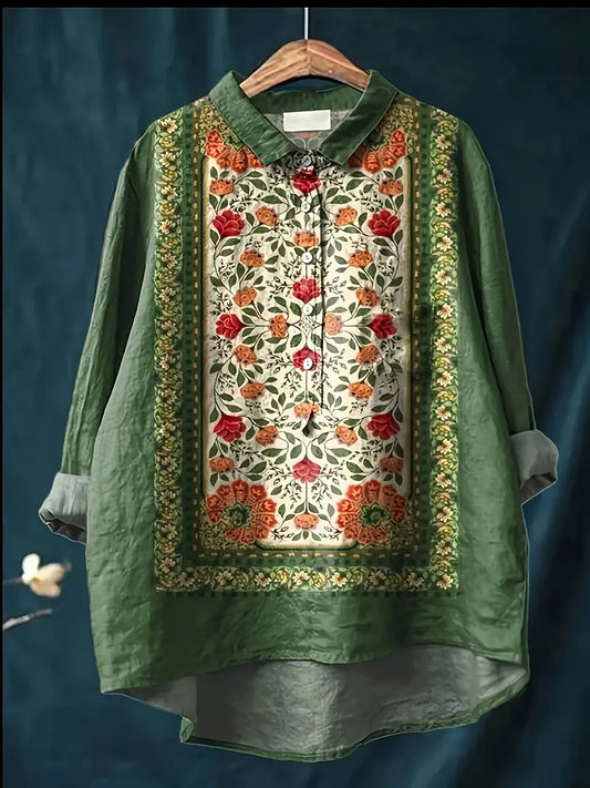 Vintage Floral Art Print Casual Shirt with Pocket