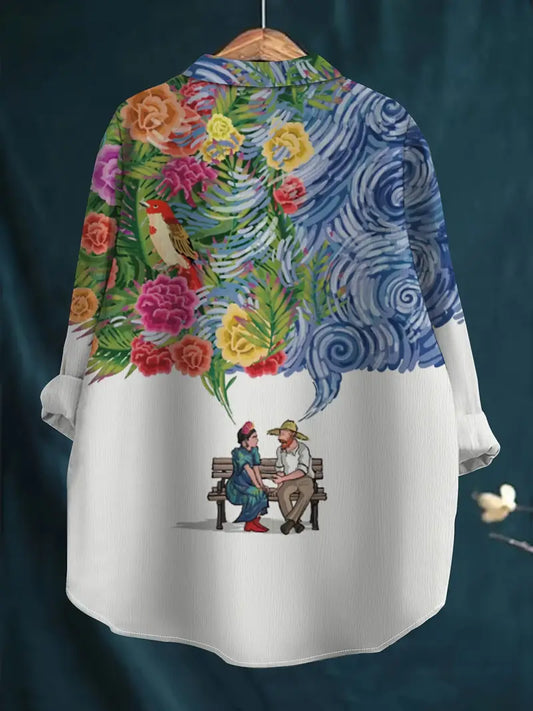 Vintage Floral Art Print Casual Shirt with Pocket