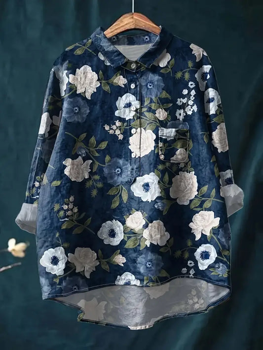 Vintage Floral Art Print Casual Shirt with Pocket
