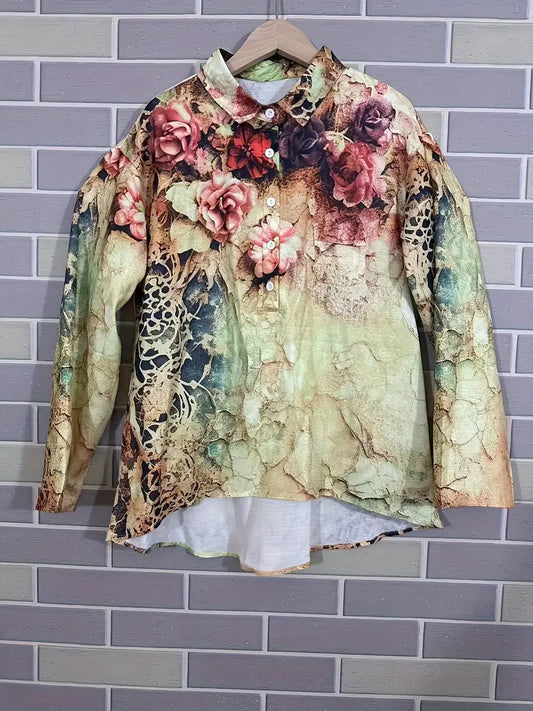 Vintage Floral Art Print Casual Shirt with Pocket