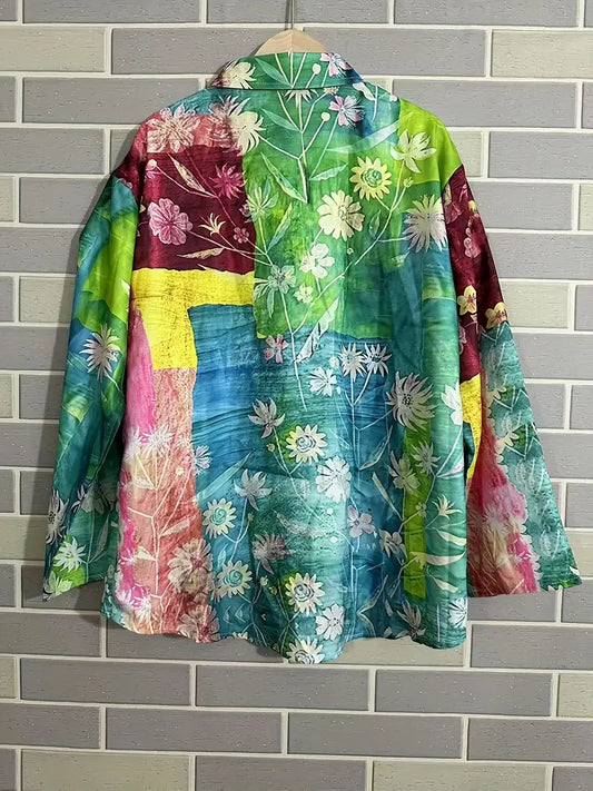 Vintage Floral Art Print Casual Shirt with Pocket