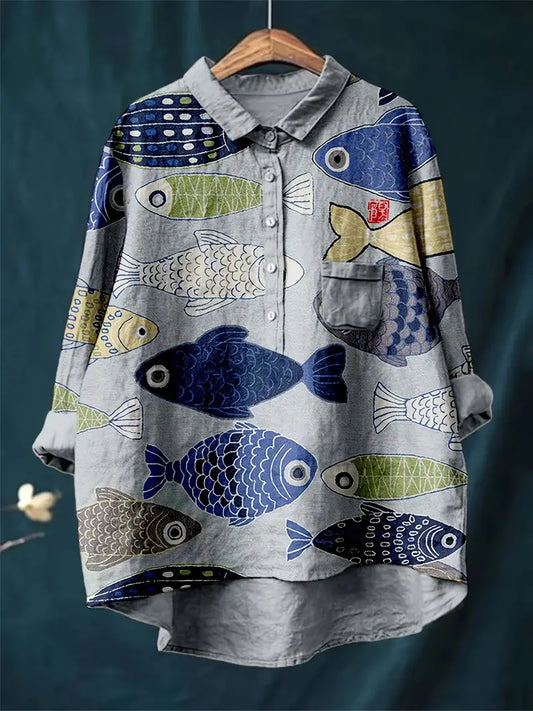 Vintage Floral Art Print Casual Shirt with Pocket