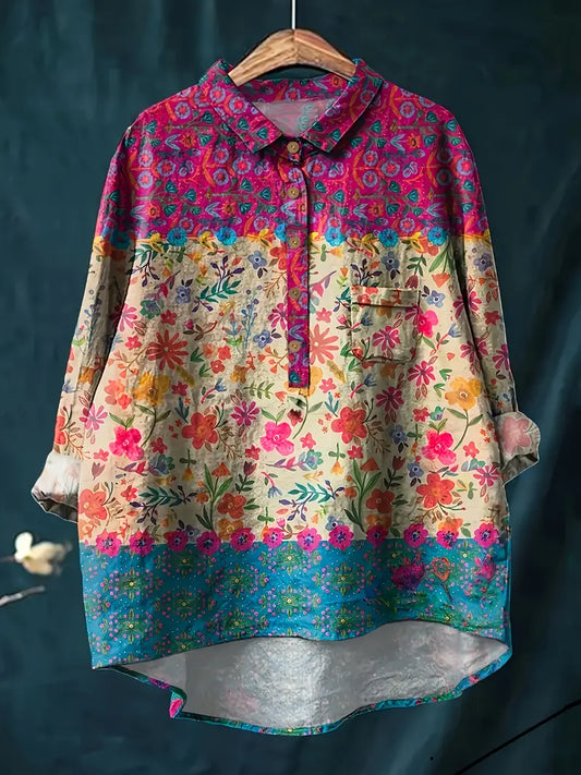 Vintage Floral Art Print Casual Shirt with Pocket