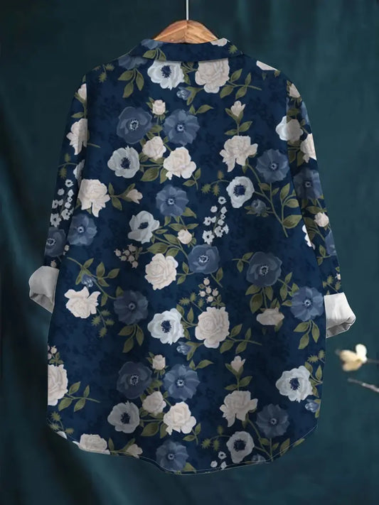 Vintage Floral Art Print Casual Shirt with Pocket