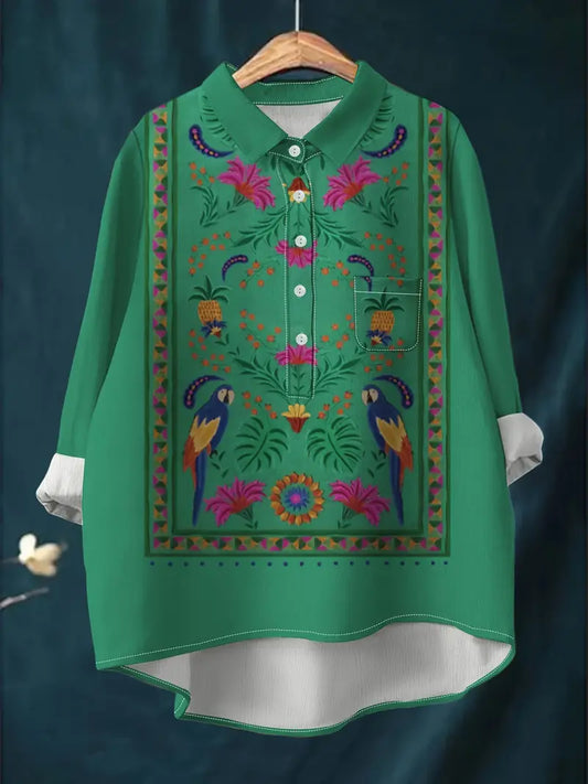 Vintage Floral Art Print Casual Shirt with Pocket