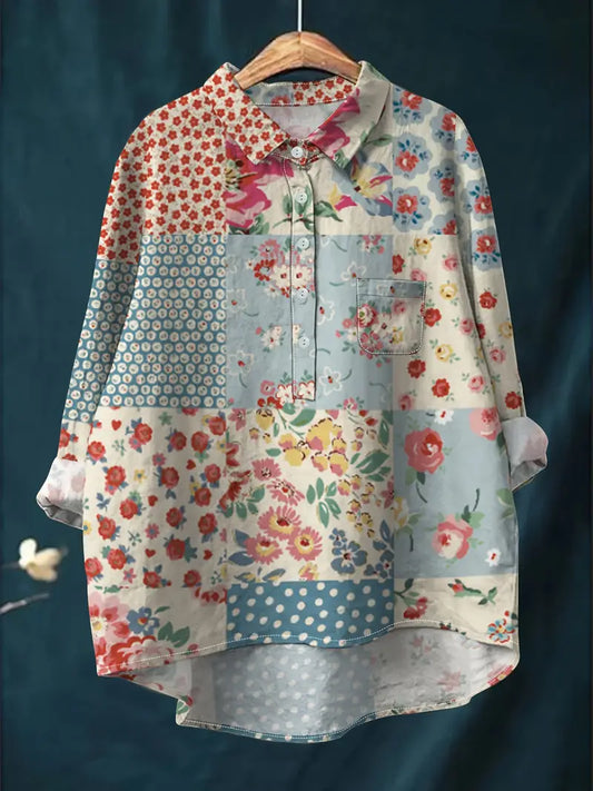 Vintage Floral Art Print Casual Shirt with Pocket