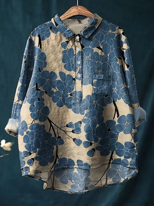 Vintage Floral Art Print Casual Shirt with Pocket