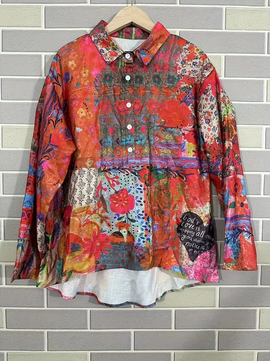 Vintage Floral Art Print Casual Shirt with Pocket