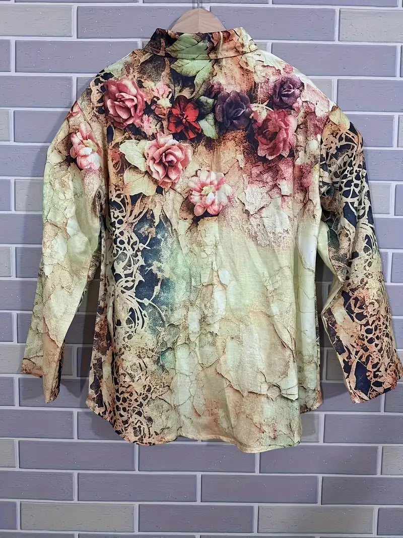 Vintage Floral Art Print Casual Shirt with Pocket