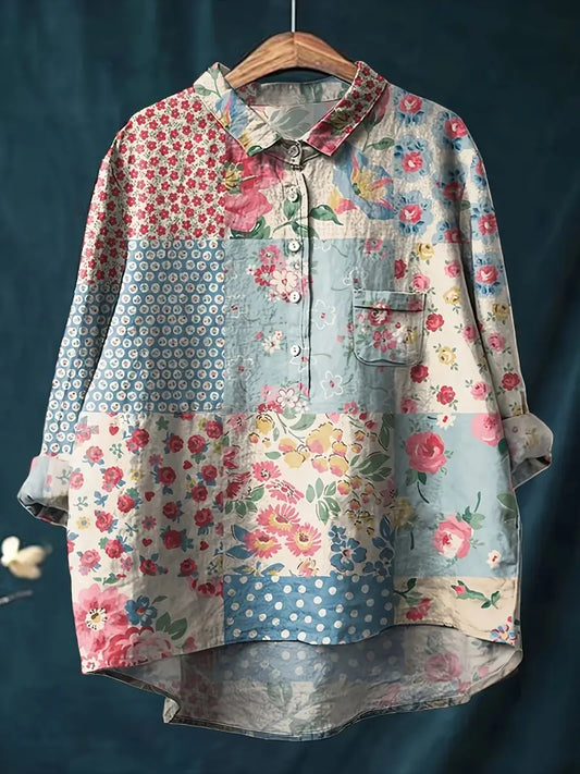 Vintage Floral Art Print Casual Shirt with Pocket