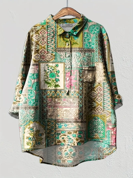 Vintage Floral Art Print Casual Shirt with Pocket