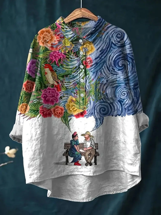 Vintage Floral Art Print Casual Shirt with Pocket