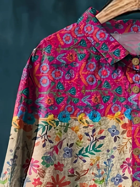 Vintage Floral Art Print Casual Shirt with Pocket