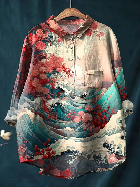 Vintage Floral Art Print Casual Shirt with Pocket