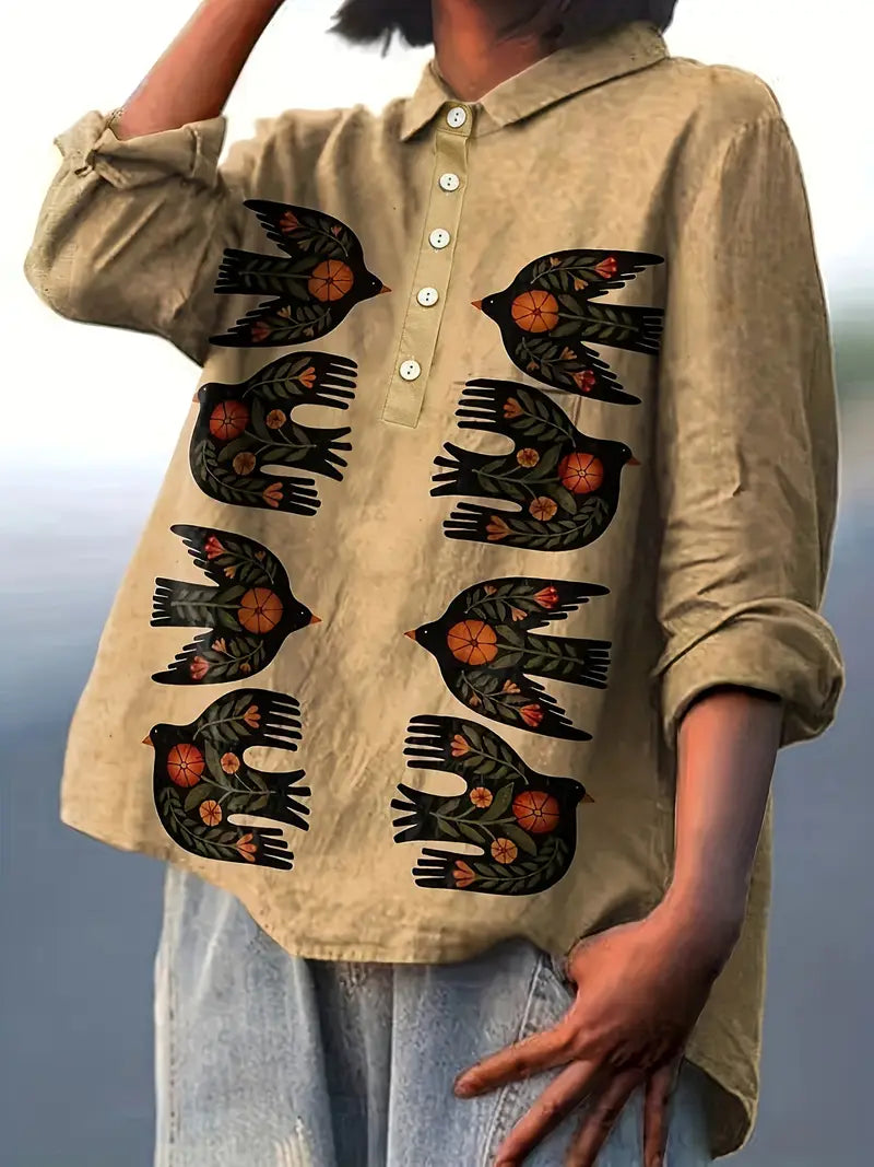 Vintage Floral Art Print Casual Shirt with Pocket