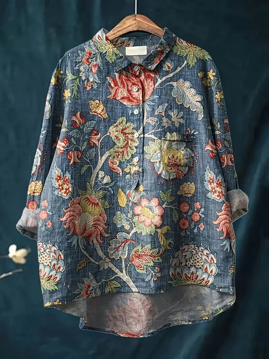 Vintage Floral Art Print Casual Shirt with Pocket