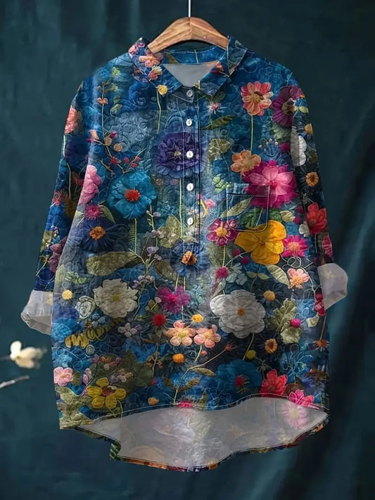 Vintage Floral Art Print Casual Shirt with Pocket