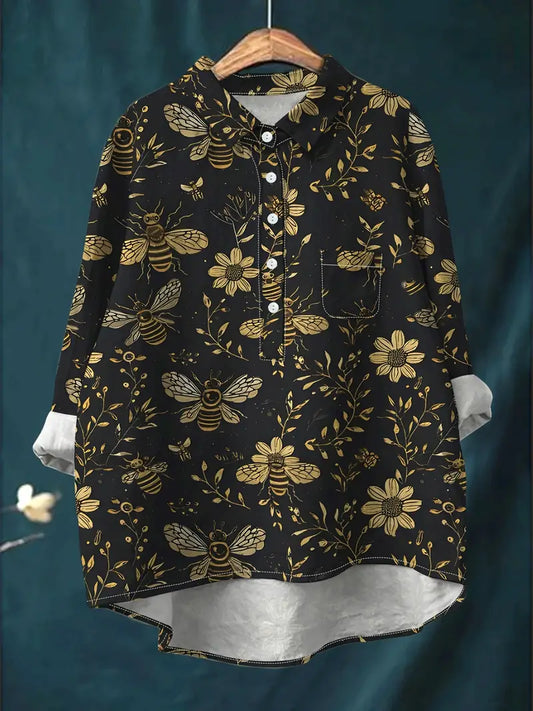 Vintage Floral Art Print Casual Shirt with Pocket