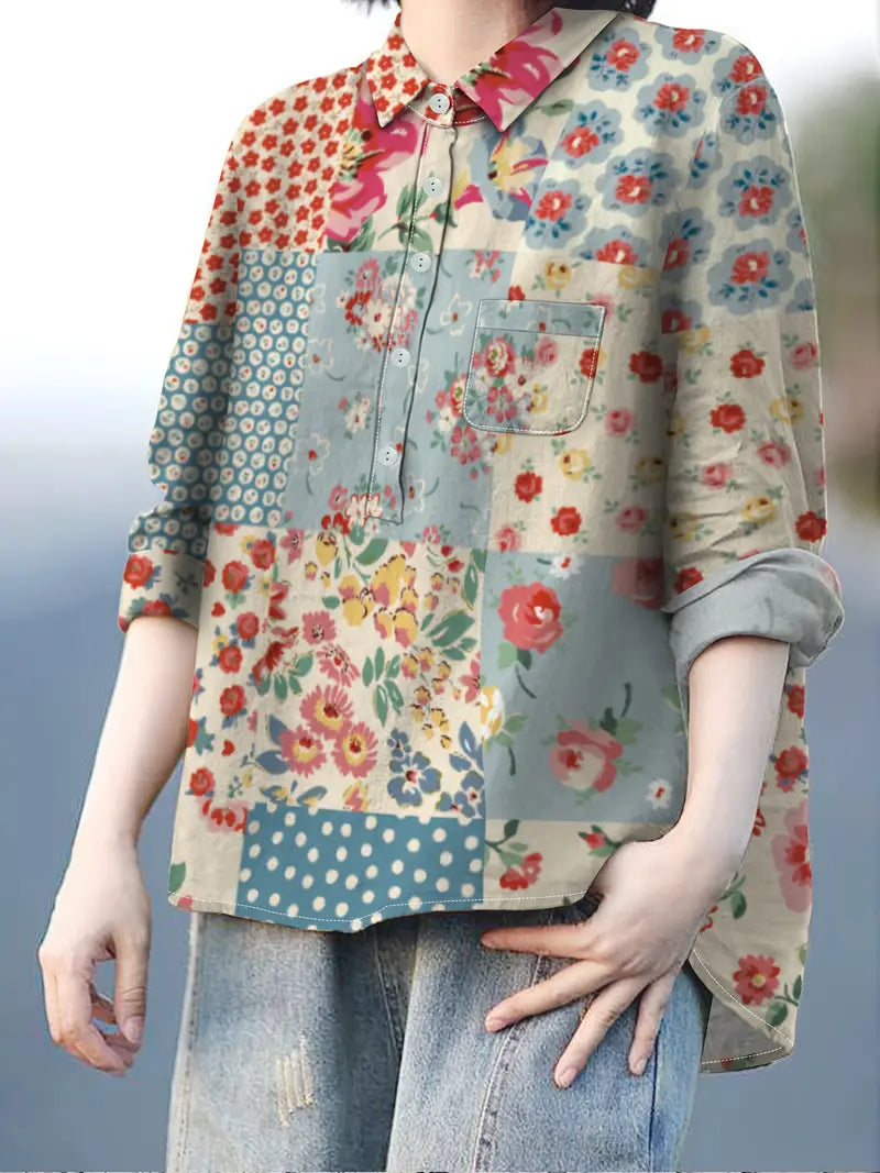 Vintage Floral Art Print Casual Shirt with Pocket
