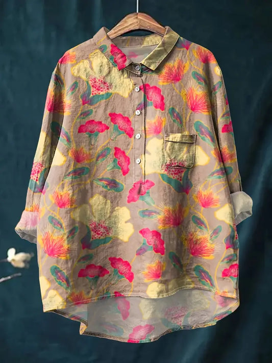 Vintage Floral Art Print Casual Shirt with Pocket